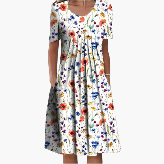 MW | Damen Sommer-Midikleid mit Blumendruck und kurzen Ärmeln