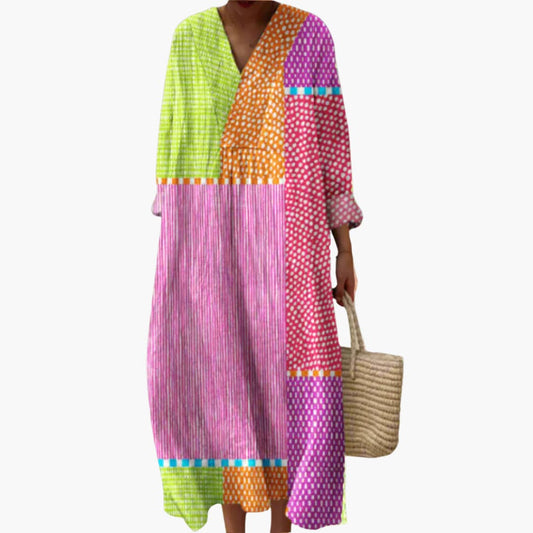 MW | Damen langärmeliges Midikleid mit Patchwork-Muster