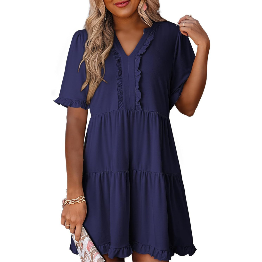 MW | Lässiges V-Ausschnitt Mini-Kleid