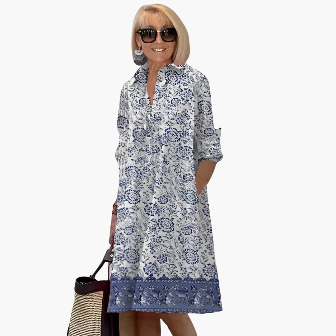 MW | Damen Boho-Midikleid mit langen Ärmeln und Taschen