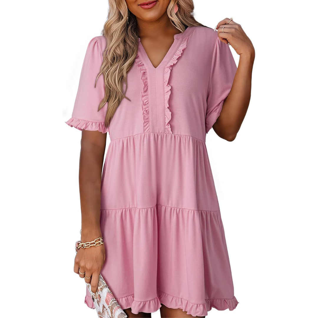 MW | Lässiges V-Ausschnitt Mini-Kleid