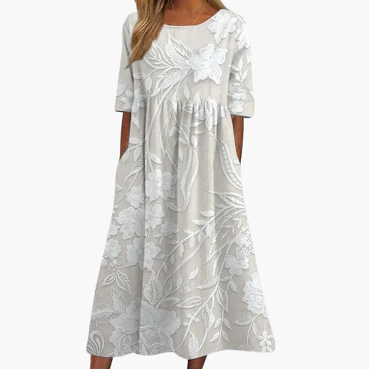 MW | Damen Midikleid aus floraler Spitze mit kurzen Ärmeln und A-Linien-Passform