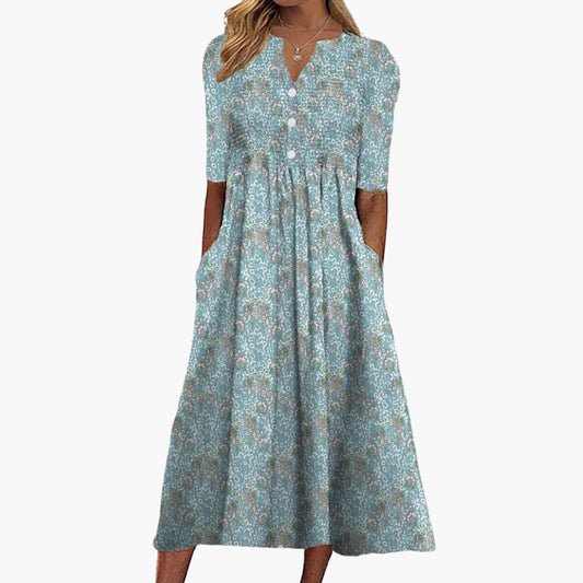 MW | Damen geblümtes Midikleid mit V-Ausschnitt und Seitentaschen