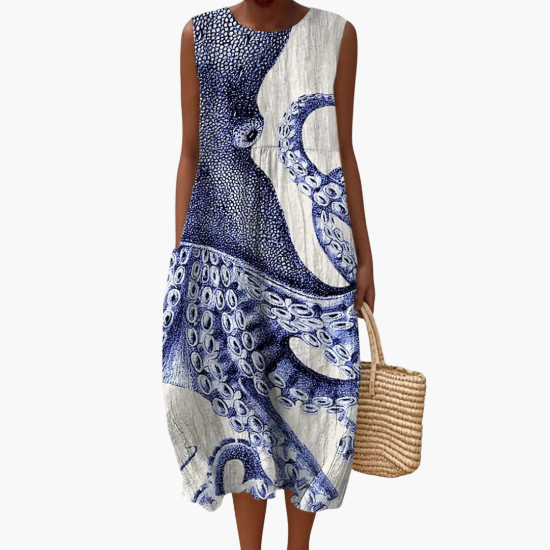 MW | Damen ärmelloses Midikleid mit Kraken-Print und Rückenschnürung