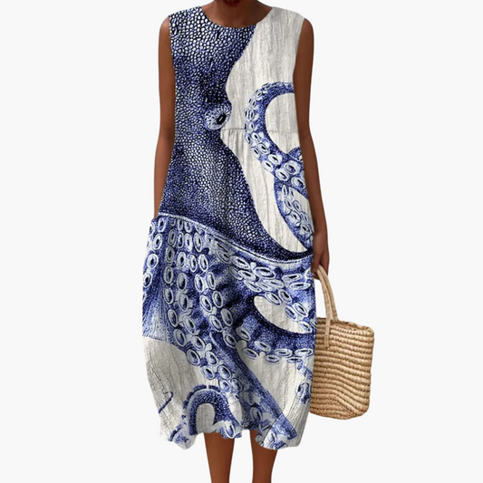 MW | Damen ärmelloses Midikleid mit Kraken-Print und Rückenschnürung