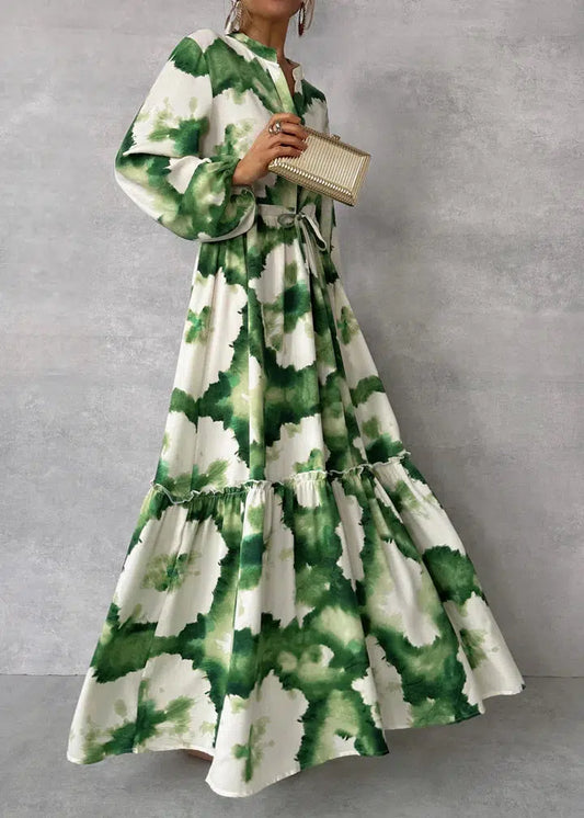 MW | Grün Langärmliges Maxikleid mit V-Ausschnitt