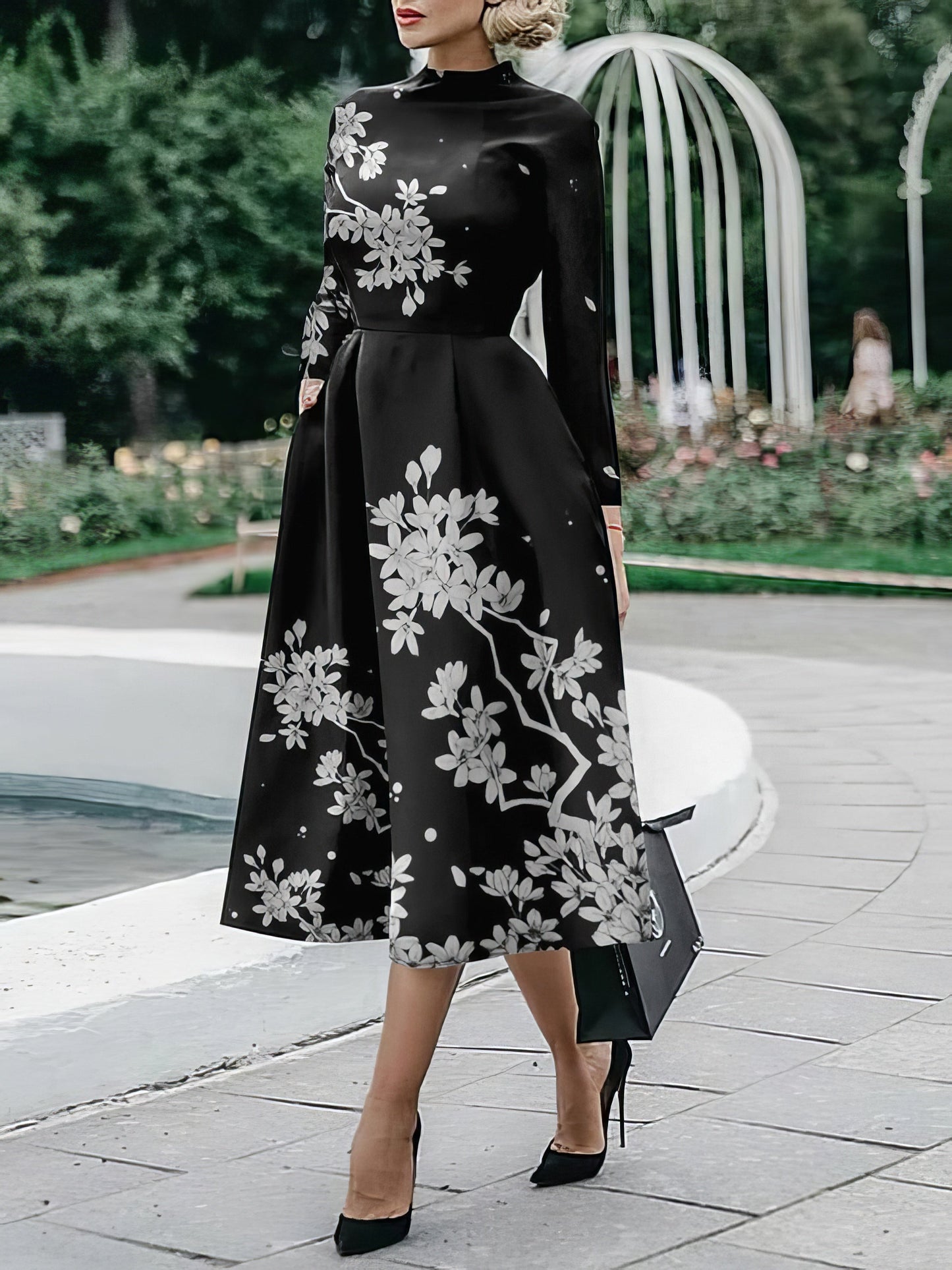 MW | Langärmeliges, bedrucktes Midikleid
