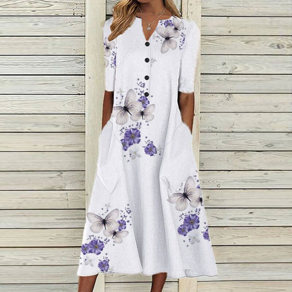 MW | Damen Midikleid - V-Ausschnitt - Knopfleiste - kurze Ärmel - floraler Schmetterlingsdruck - Taschen