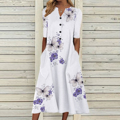 MW | Damen Midikleid - V-Ausschnitt - Knopfleiste - kurze Ärmel - floraler Schmetterlingsdruck - Taschen
