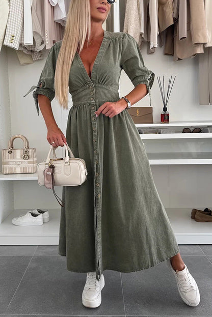 MW | Solide Farbe V-Ausschnitt Button-down Denim Midi-Kleid