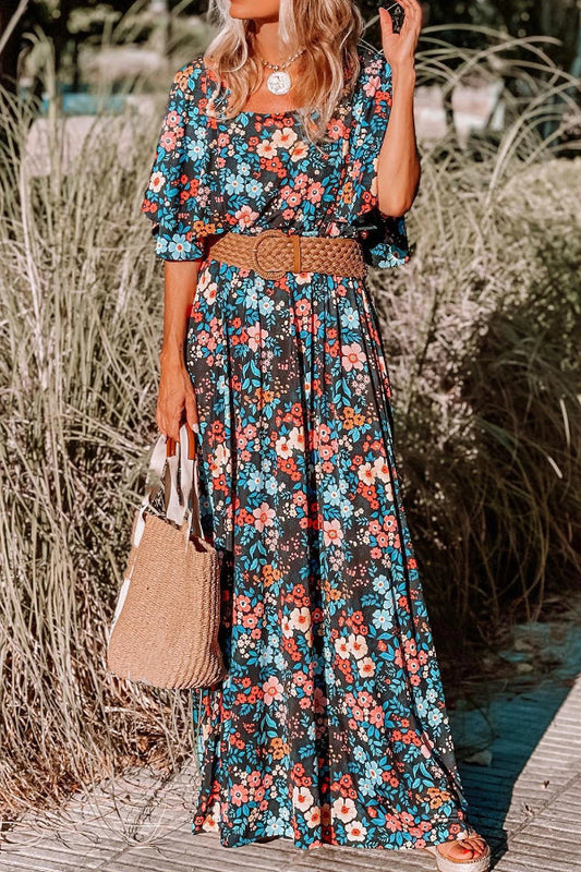 MW | Himmelblau Boho Floral Print Geknotet Rückenfreies Maxikleid