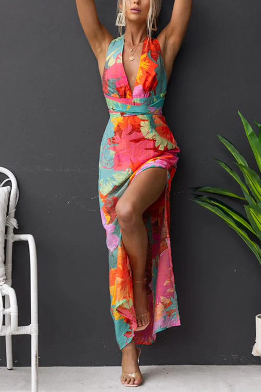 MW | V-Ausschnitt Ärmellos Krawatte Zurück Schlitz Floral Print Maxi Kleid