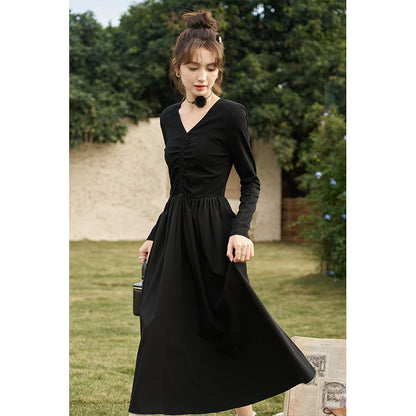 MW | Elegantes Schwarzes Gestricktes Gesmoktes V-Ausschnitt A-Linie Midi Kleid
