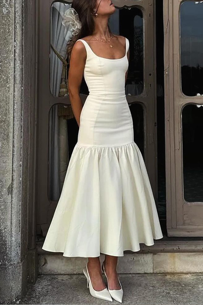 MW | Anmutige Silhouette Quadratischer Ausschnitt Breiter Riemen Tropfen Taille Midi Kleid