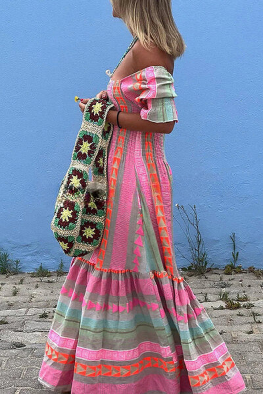 MW | Musikfestival Geometrisches Farbblock-Taschenkleid Boho-Maxikleid im Smokestil