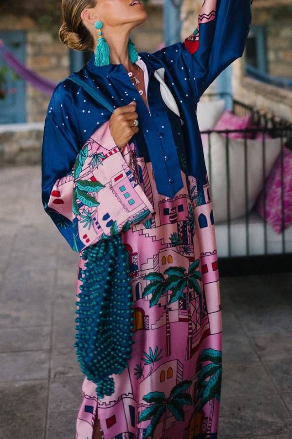 MW | Seaside Stroll Satin Einzigartiger Druck Button Up Langarm Schlitz Kaftan Midi Kleid