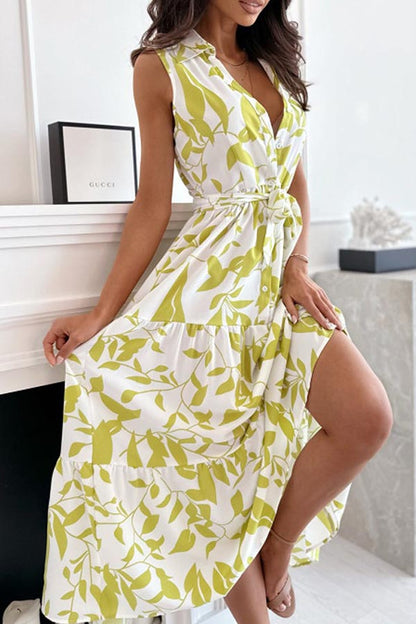MW | PLANT SILHOUETTE BEDRUCKTES GÜRTELHEMD MIDIKLEID