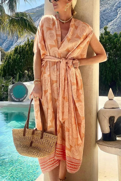 MW | Fashion Conch Print V-Ausschnitt Lace-Up Strand Midi Kleid