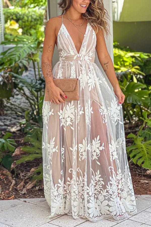 MW | Weiß und Beige Cross Back Floral Tulle Maxi Kleid