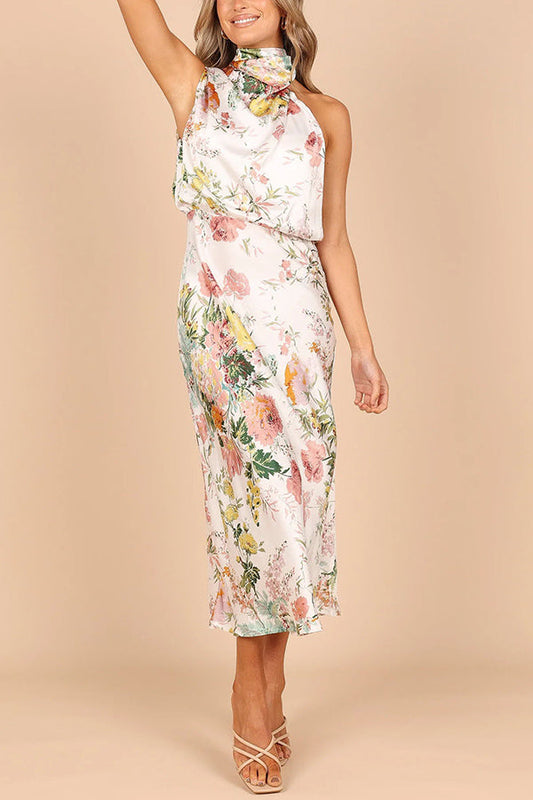 MW | Wein Land Termine Floral Halter Hals elastische Taille Maxi Kleid