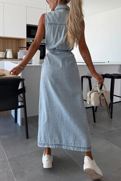 MW | Solide Farbe Ärmellos Einreihig Taille Krawatte Lässig Tasche Denim Midi-Kleid