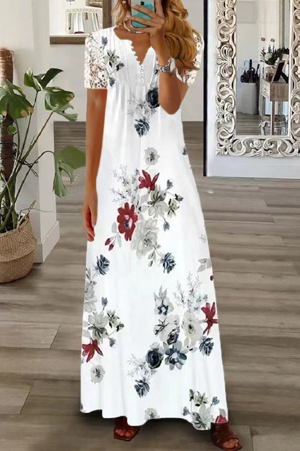 MW | Boho Floral V Hals Knopf Spitze Ärmel Urlaub Strand Maxi Kleid