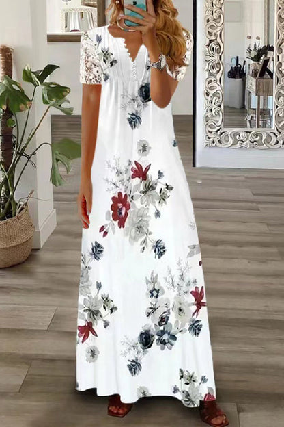 MW | Boho Floral V Hals Knopf Spitze Ärmel Urlaub Strand Maxi Kleid