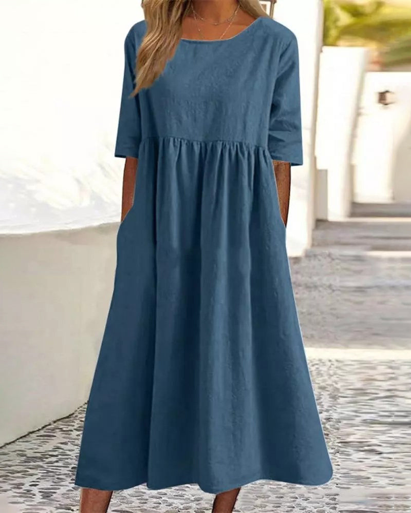 MW | Strand Kurzarm Rundhalsausschnitt Rüschen Swing Lässig Boho Midi Kleid mit Taschen