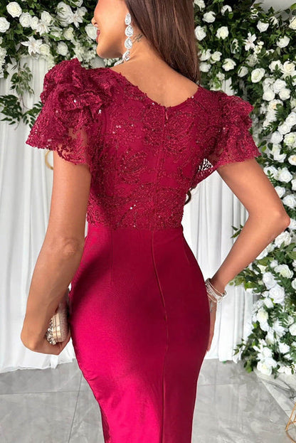 MW | Dreamy Luxus Spitze und Satin Patchwork Rüschen Ärmel geraffte Midi Kleid