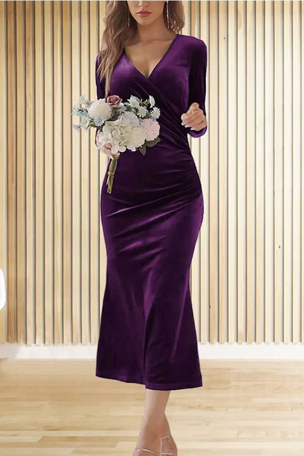 MW | Solide Samt Langarm V-Ausschnitt Slim Fit Fischschwanz Maxi Kleid