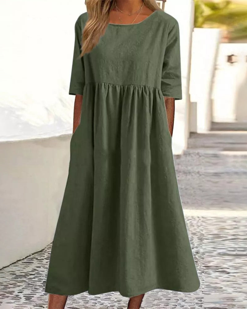 MW | Strand Kurzarm Rundhalsausschnitt Rüschen Swing Lässig Boho Midi Kleid mit Taschen