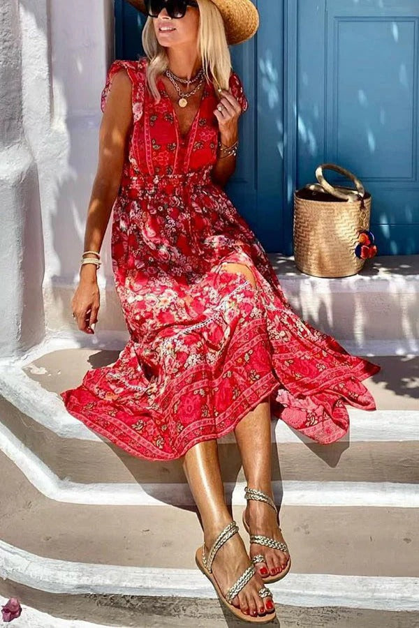 MW | Sommer in Griechenland Boho Print Rüschenärmel Elastische Taille Hoch-Tief Midi Kleid