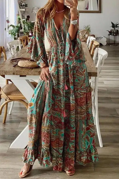 MW | V-Ausschnitt Lose Peris Print Urlaub Langarm Maxikleid