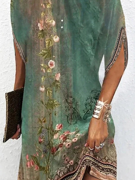 MW | Fledermausärmel Lockeres Minikleid mit Blumendruck und Rundhalsausschnitt