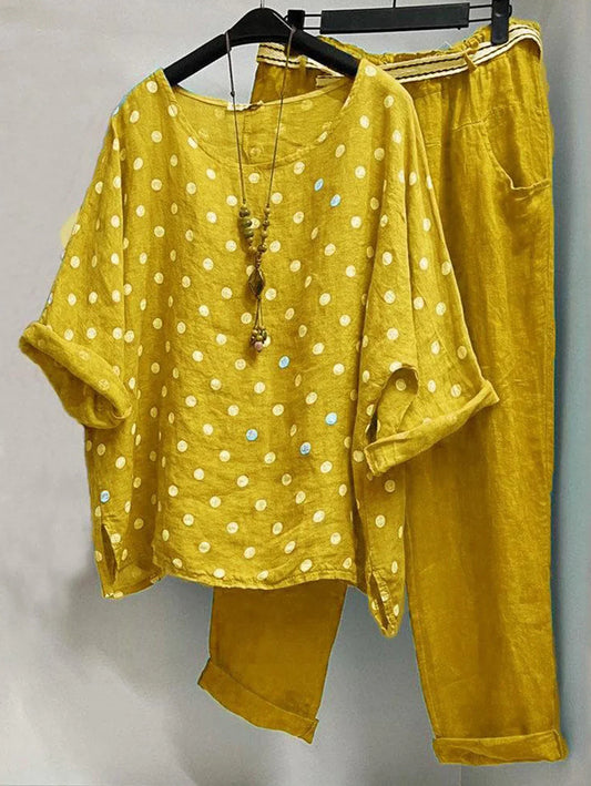 MW | Lässige Bluse mit gepunktetem Rundhalsausschnitt und Hose mit Taschen im 2er-Pack