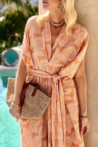 MW | Fashion Conch Print V-Ausschnitt Lace-Up Strand Midi Kleid