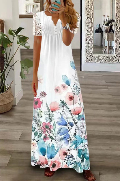 MW | Boho Floral V Hals Knopf Spitze Ärmel Urlaub Strand Maxi Kleid