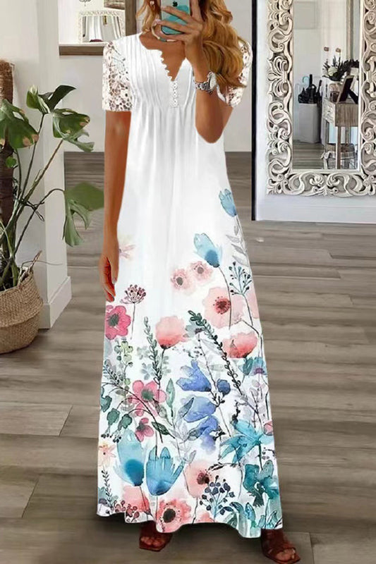 MW | Boho Floral V Hals Knopf Spitze Ärmel Urlaub Strand Maxi Kleid