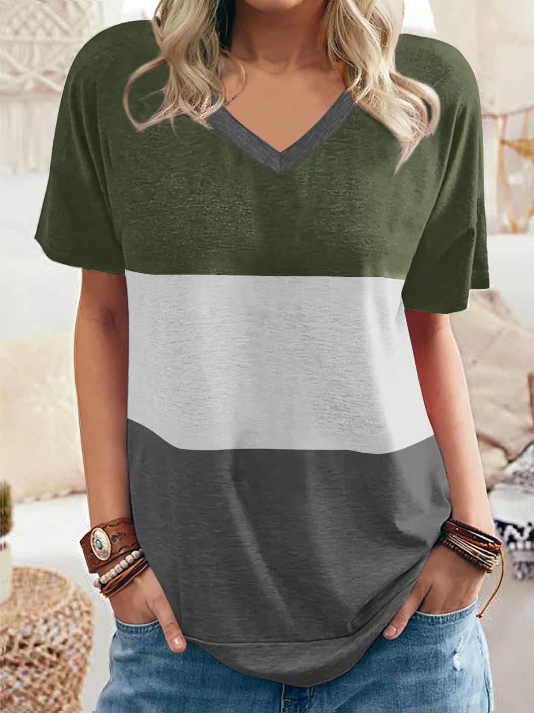 MW | Lässige Farbe Block V-Ausschnitt T-Shirts