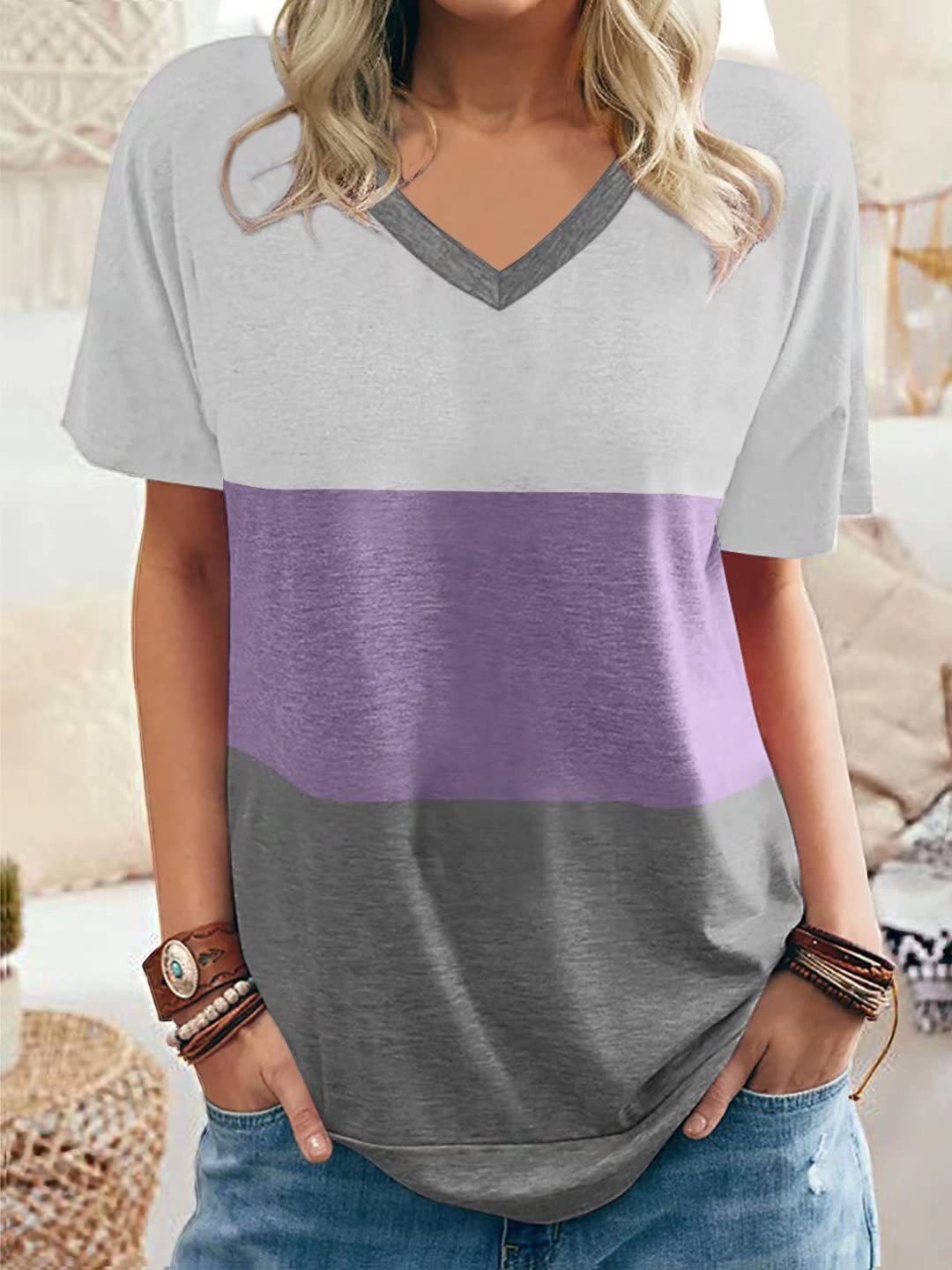 MW | Lässige Farbe Block V-Ausschnitt T-Shirts
