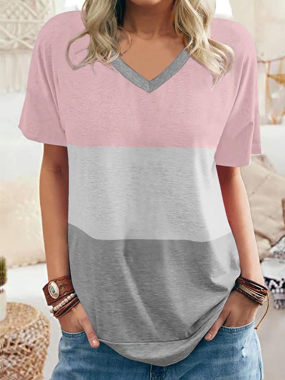 MW | Lässige Farbe Block V-Ausschnitt T-Shirts