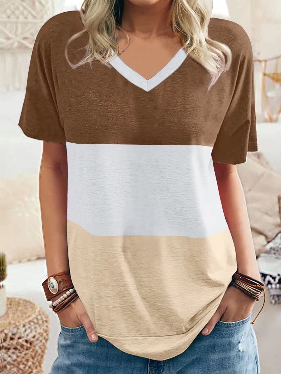 MW | Lässige Farbe Block V-Ausschnitt T-Shirts