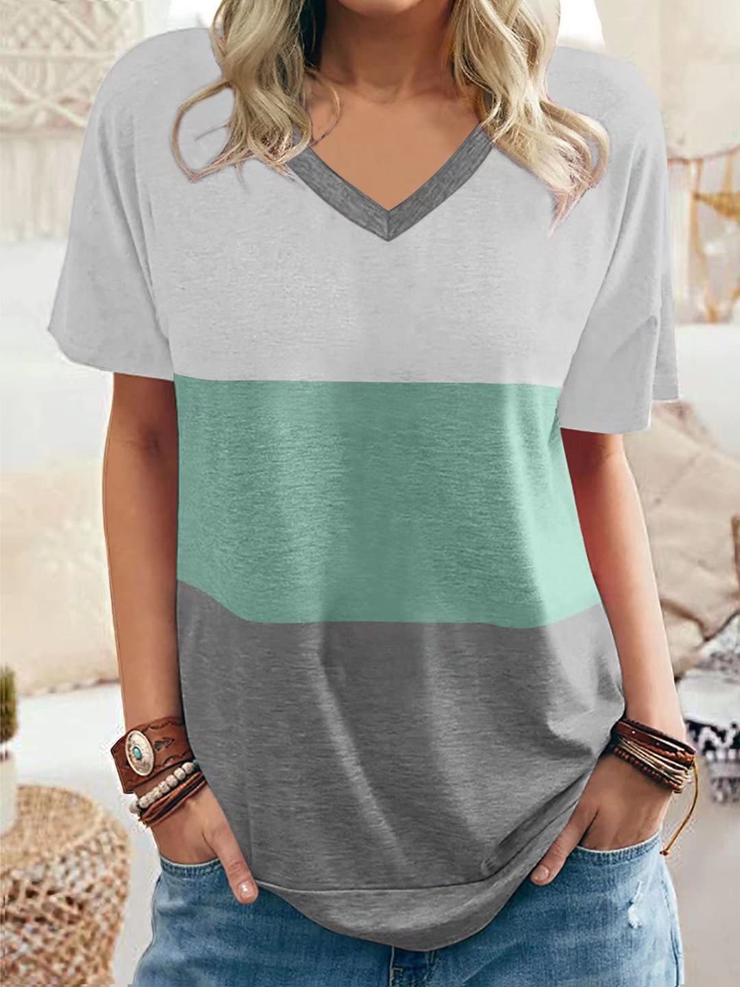 MW | Lässige Farbe Block V-Ausschnitt T-Shirts