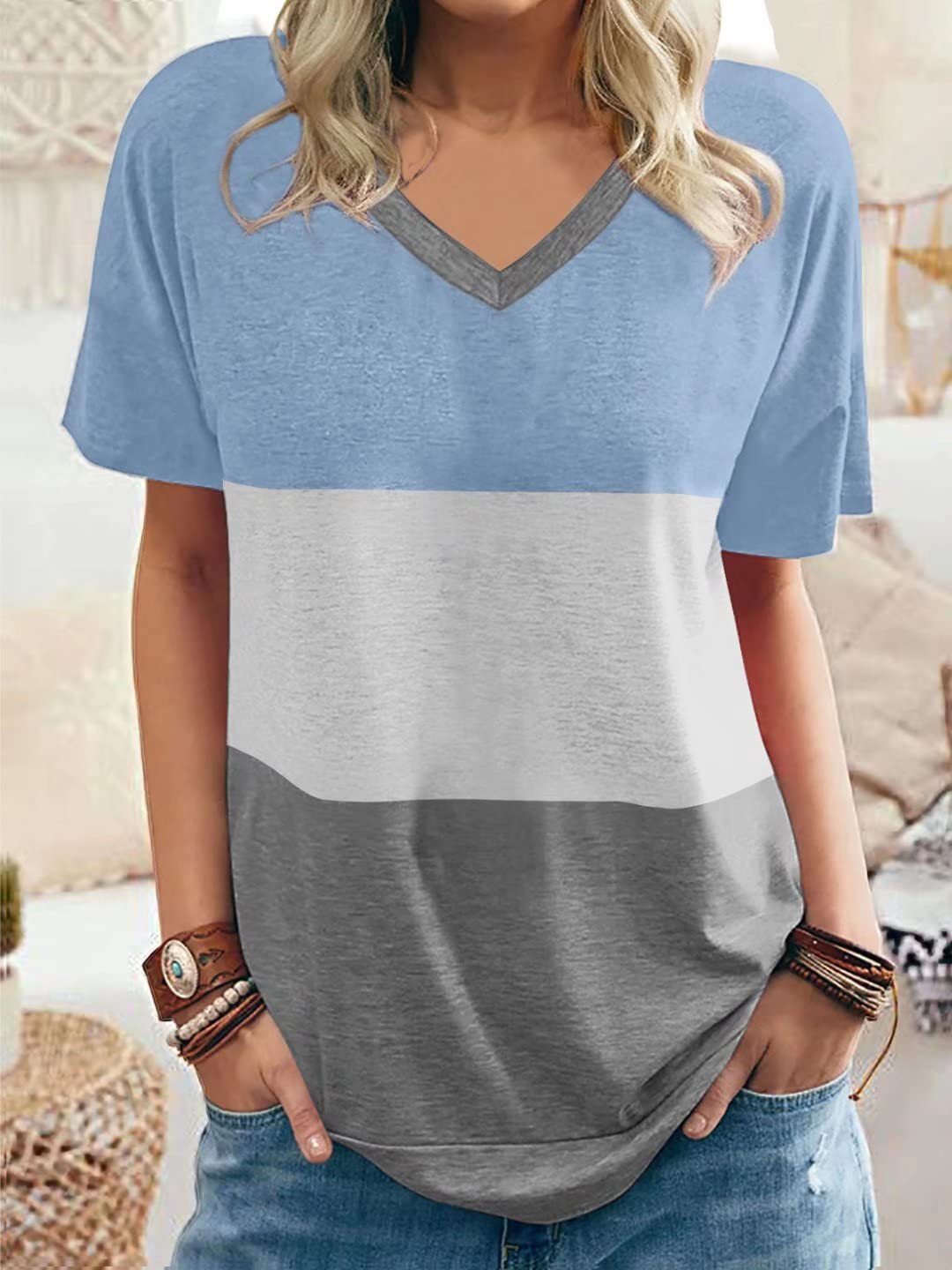 MW | Lässige Farbe Block V-Ausschnitt T-Shirts