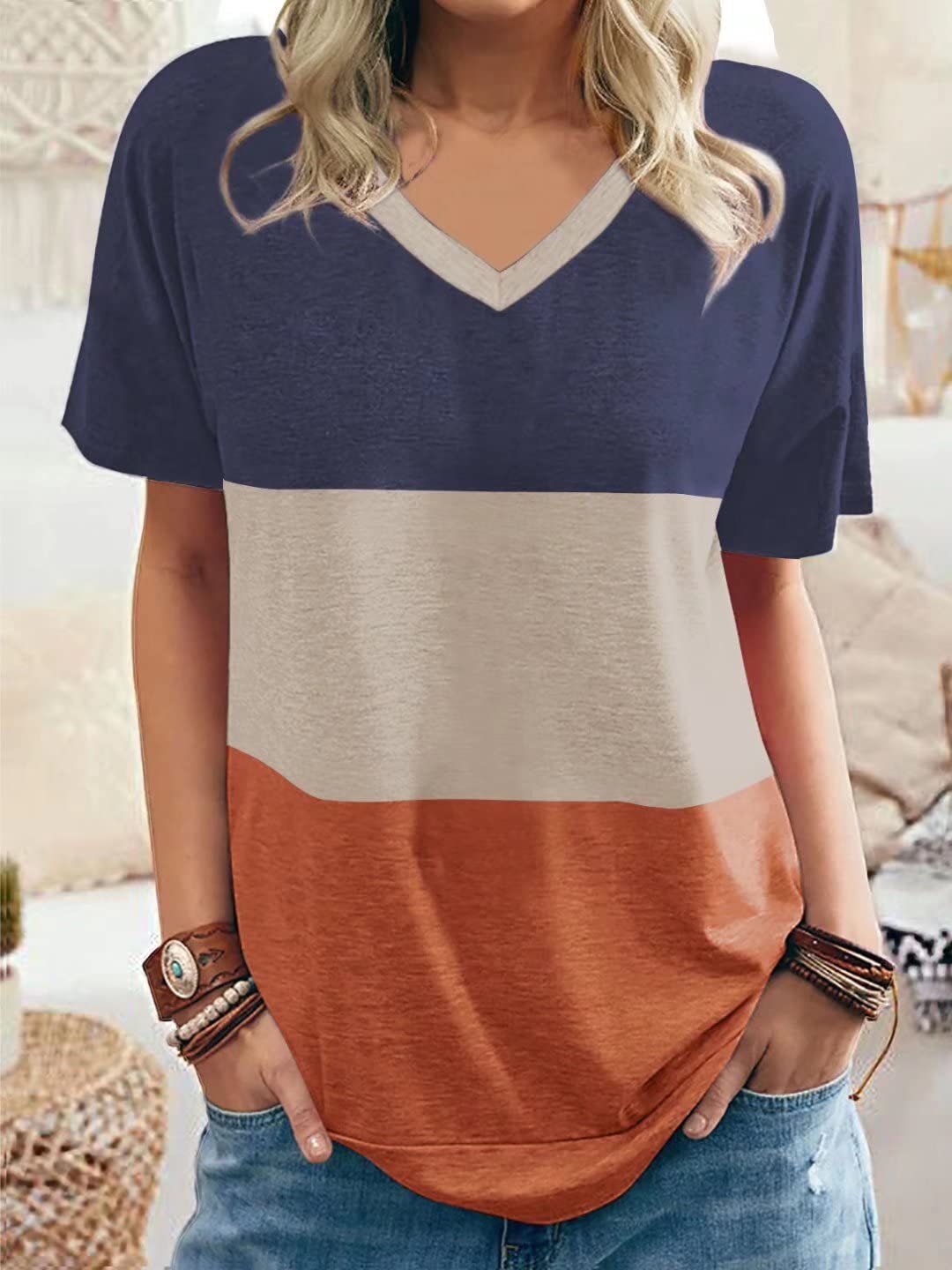 MW | Lässige Farbe Block V-Ausschnitt T-Shirts