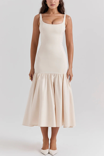 MW | Anmutige Silhouette Quadratischer Ausschnitt Breiter Riemen Tropfen Taille Midi Kleid