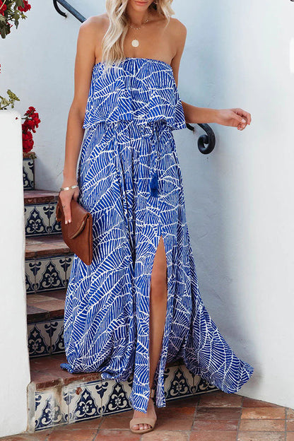 MW | Sommer Picknick Bedrucktes Elastisches Taille Trägerloses Krawatten Maxikleid