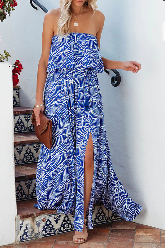 MW | Sommer Picknick Bedrucktes Elastisches Taille Trägerloses Krawatten Maxikleid