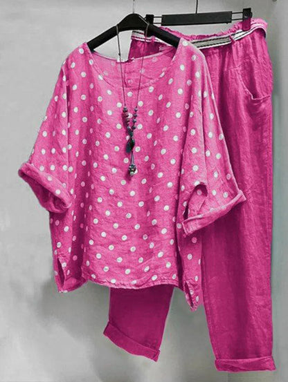 MW | Lässige Bluse mit gepunktetem Rundhalsausschnitt und Hose mit Taschen im 2er-Pack
