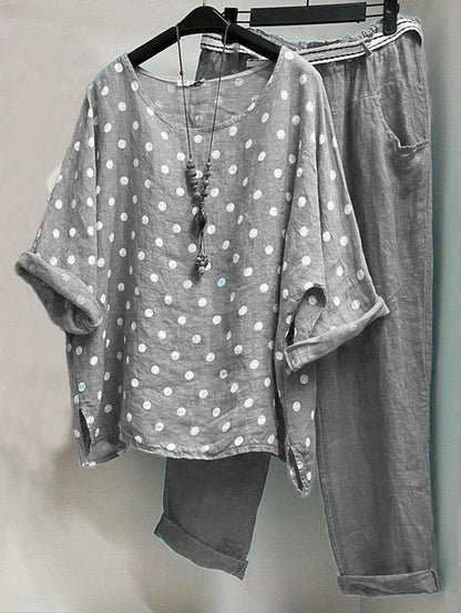 MW | Lässige Bluse mit gepunktetem Rundhalsausschnitt und Hose mit Taschen im 2er-Pack
